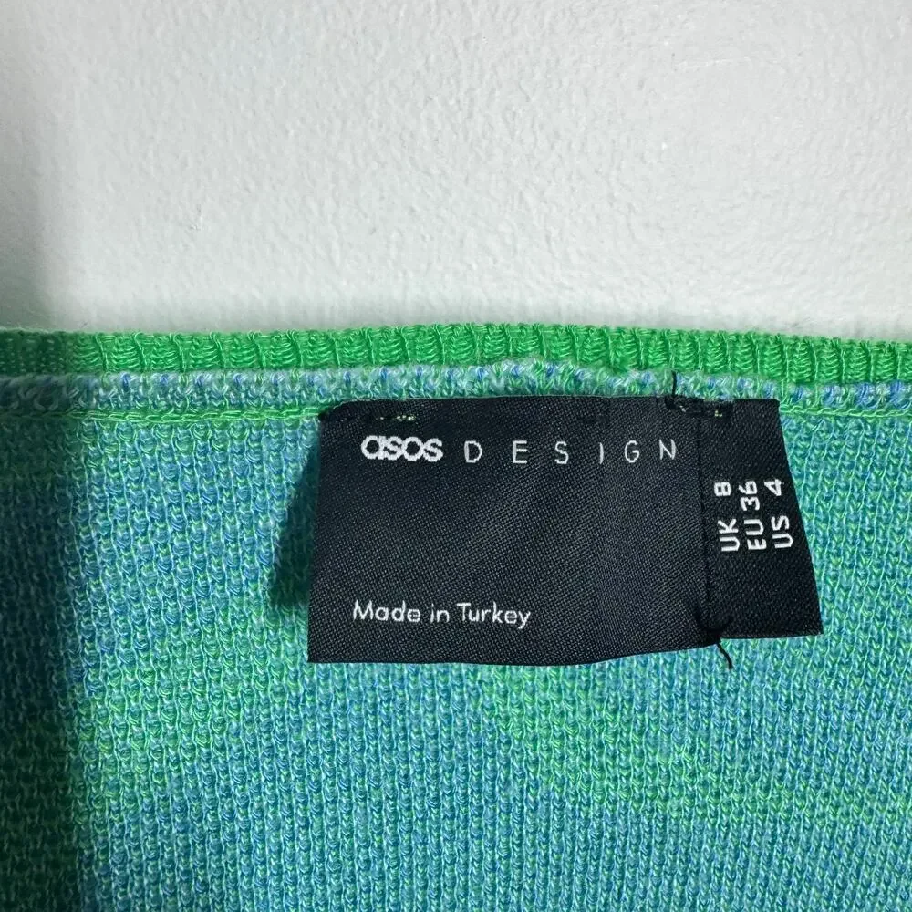 ASOS Design Top Women 4 Blue Green Wavy Heart Square Neck Lightweight 3/4 Sleeve